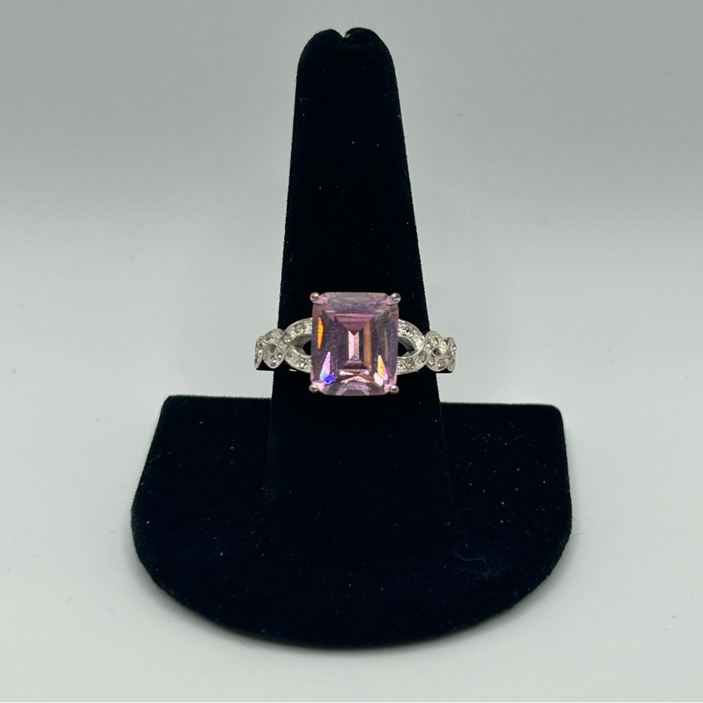 Signed NVC Elegant Pink Gemstone Silver Tone Ring  Size 10